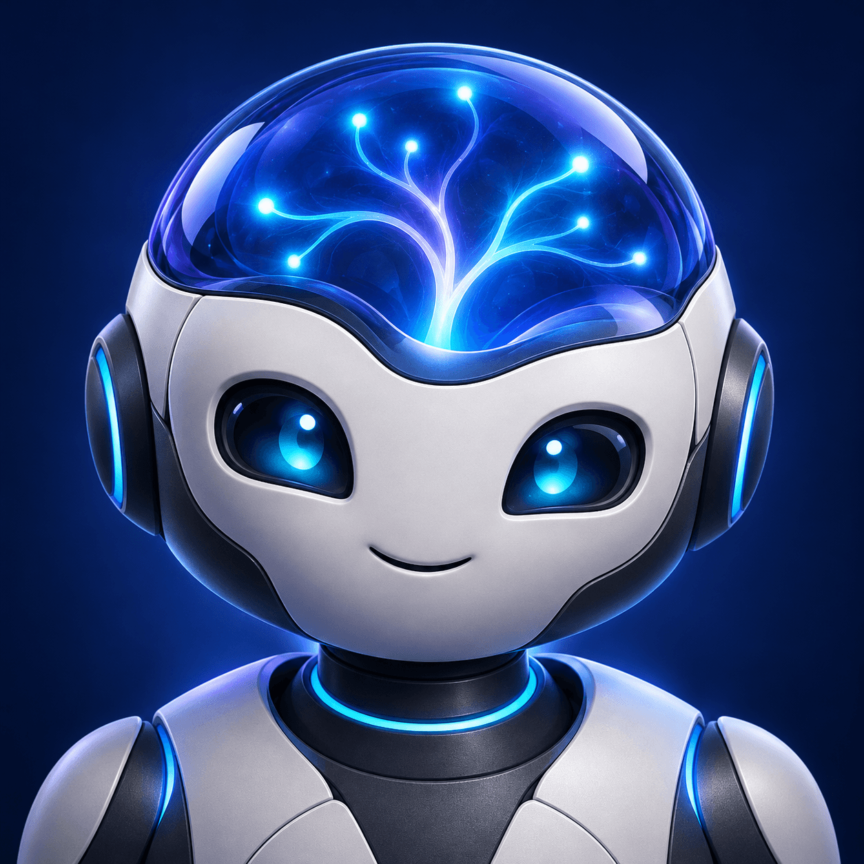 Vector Intelligence robot mascot with a luminous blue neural network